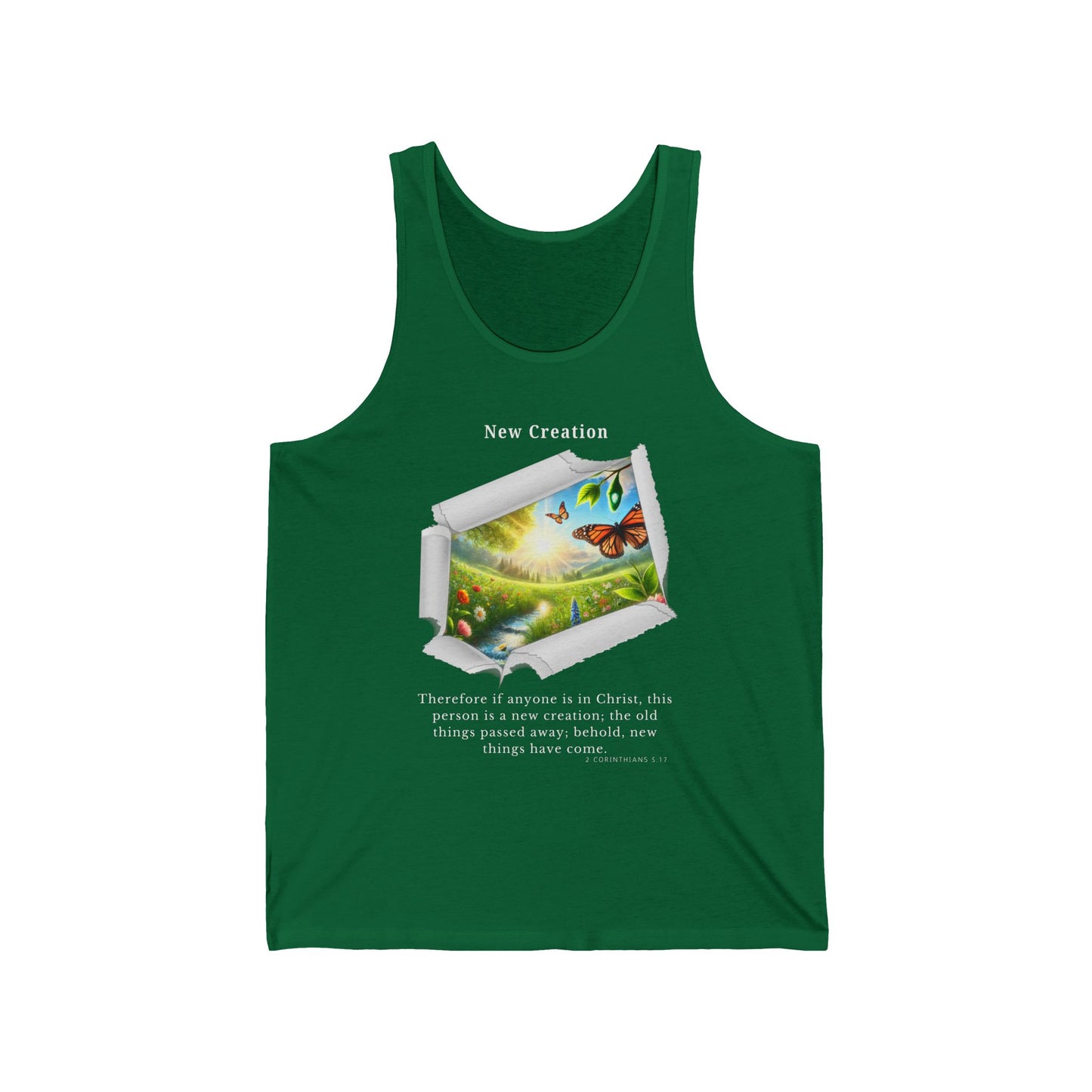 Unisex Jersey Tank - New Creation - 2 Corinthians 5:17 (White Letters)