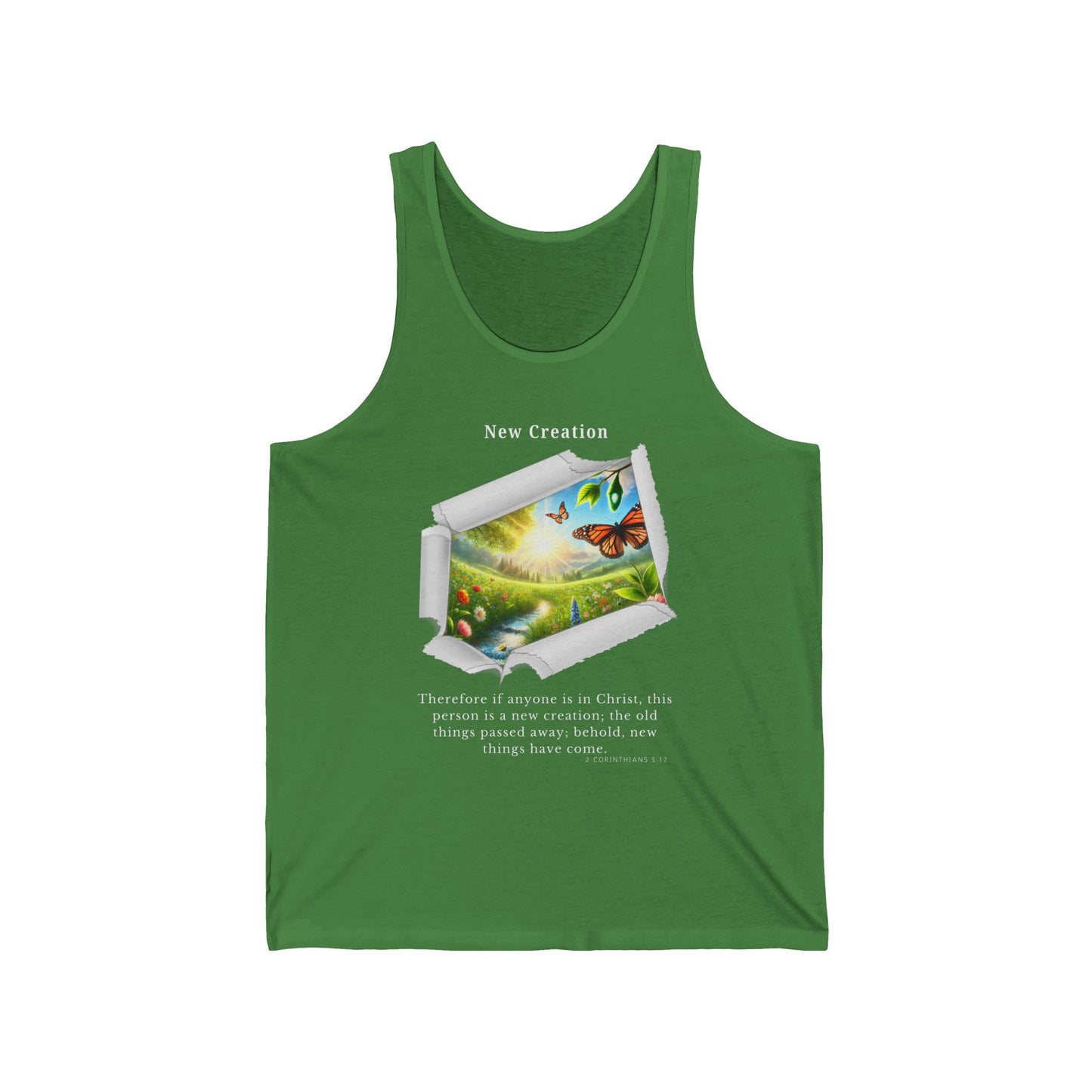 Unisex Jersey Tank - New Creation - 2 Corinthians 5:17 (White Letters)
