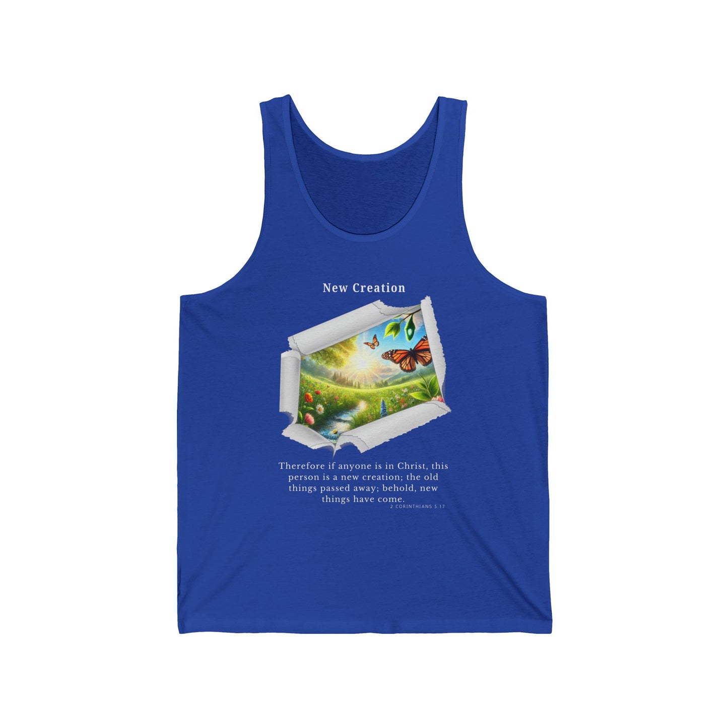 Unisex Jersey Tank - New Creation - 2 Corinthians 5:17 (White Letters)