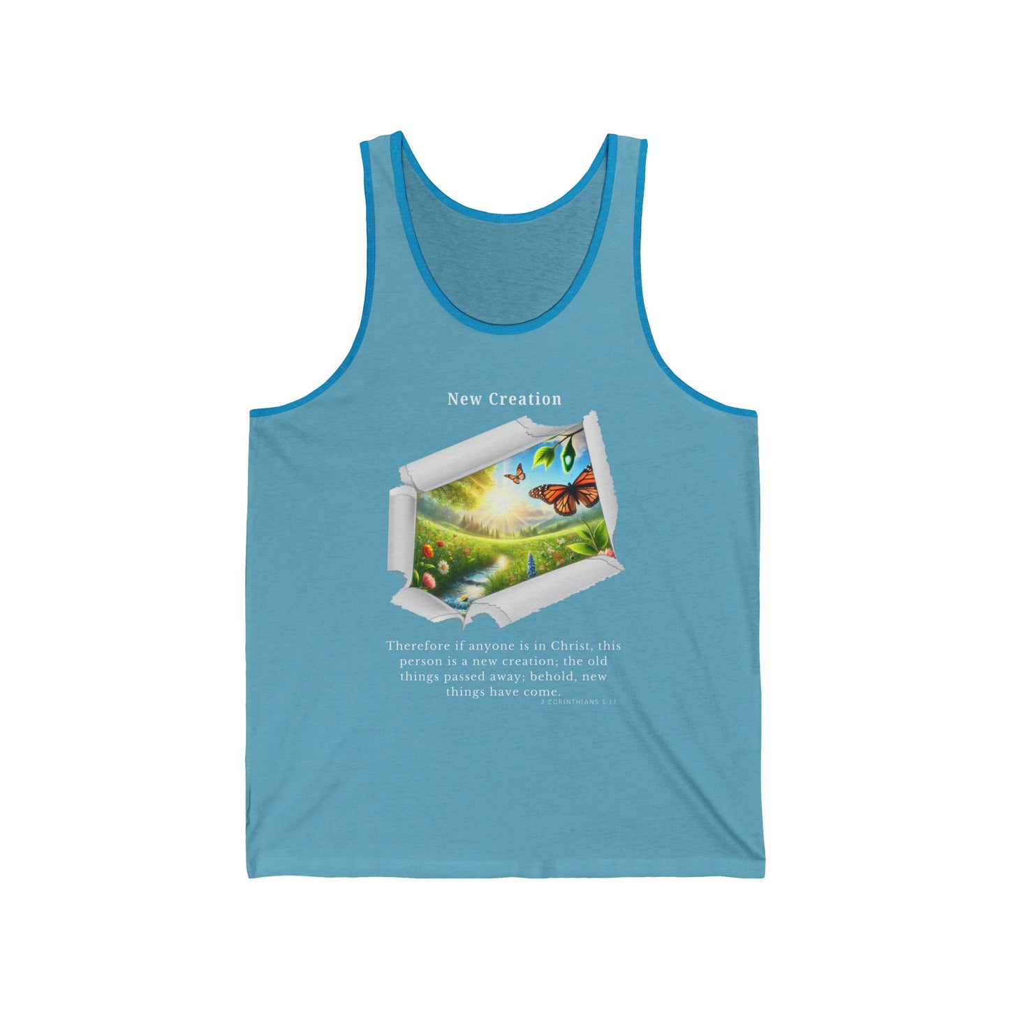 Unisex Jersey Tank - New Creation - 2 Corinthians 5:17 (White Letters)