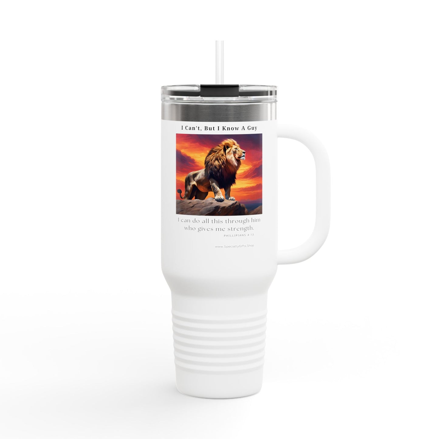 Insulated Travel Mug, 40oz - I Know A Guy - Philippians 4:13